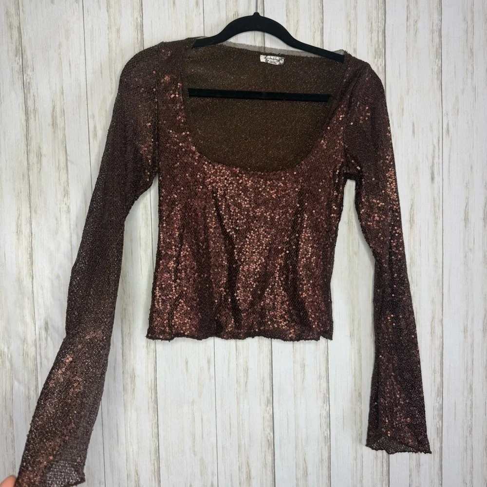 Free People Brown Sequin Long Sleeve Blouse